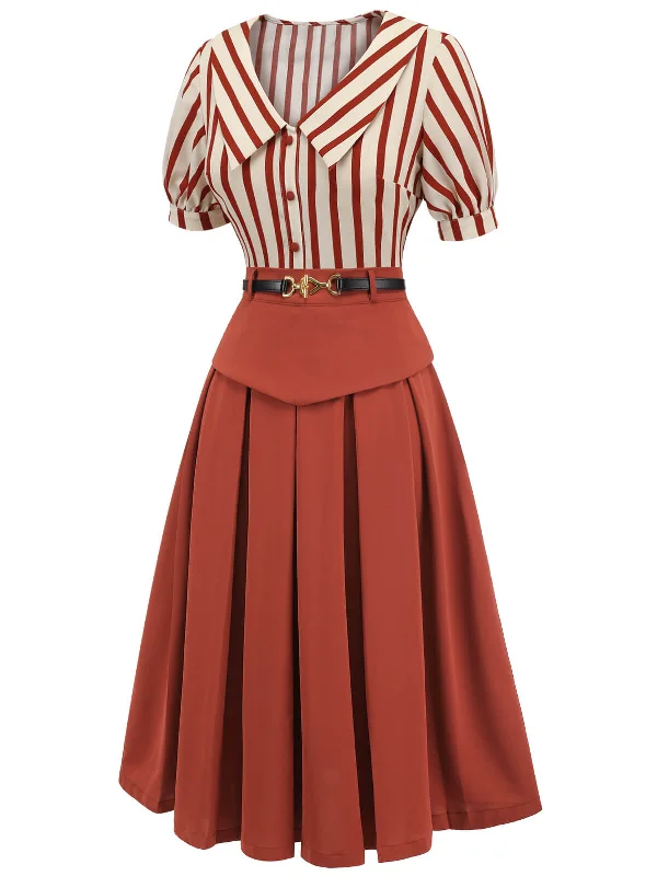 2pcs-orange-red-1950s-striped-blouse-pleated-skirt