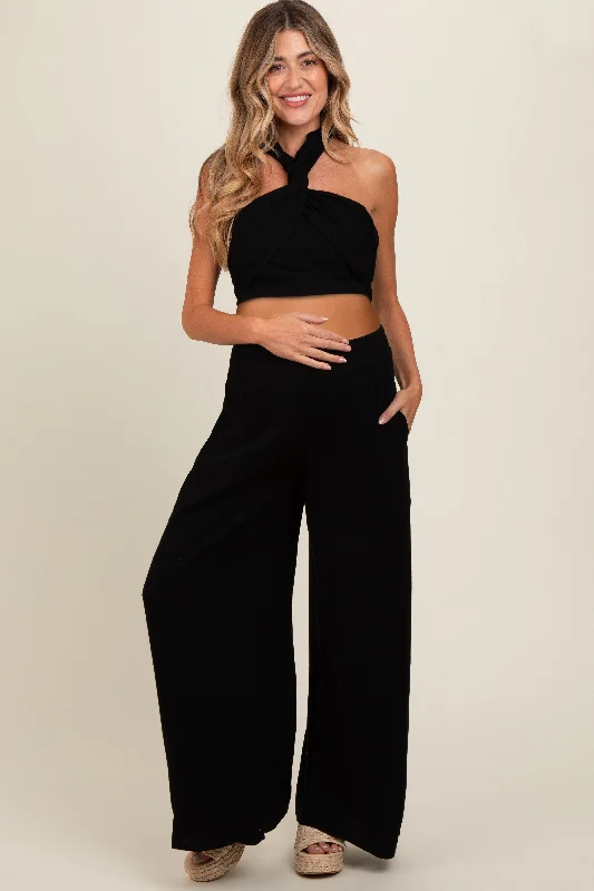 Black Linen Smocked Top and Pants Maternity Set