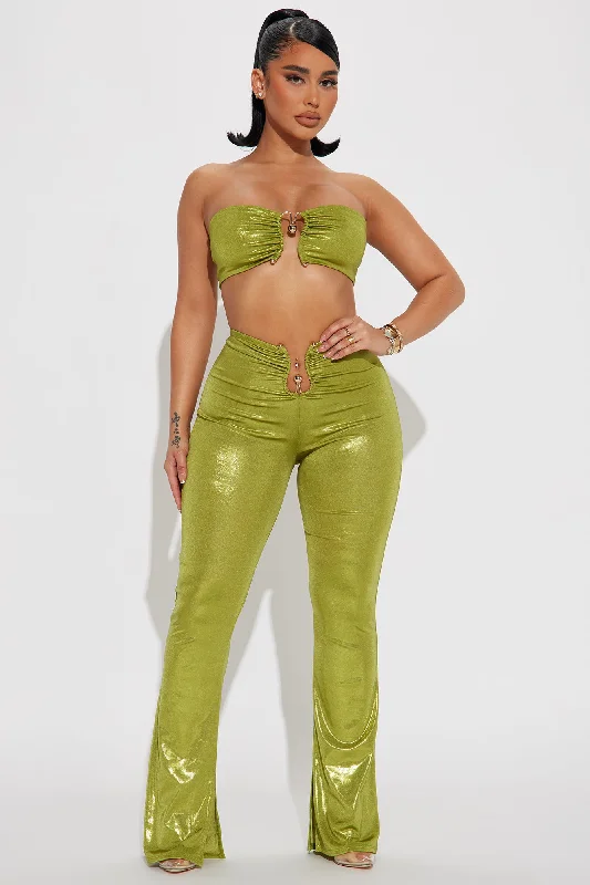 By Your Side Mettalic Pant Set - Chartreuse