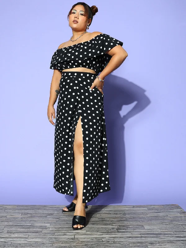 cur-dr432bk-berrylush-women-plus-size-black-white-polka-dot-printed-off-shoulder-neck-crop-top-thigh-high-slit-maxi-skirt-co-ord-set