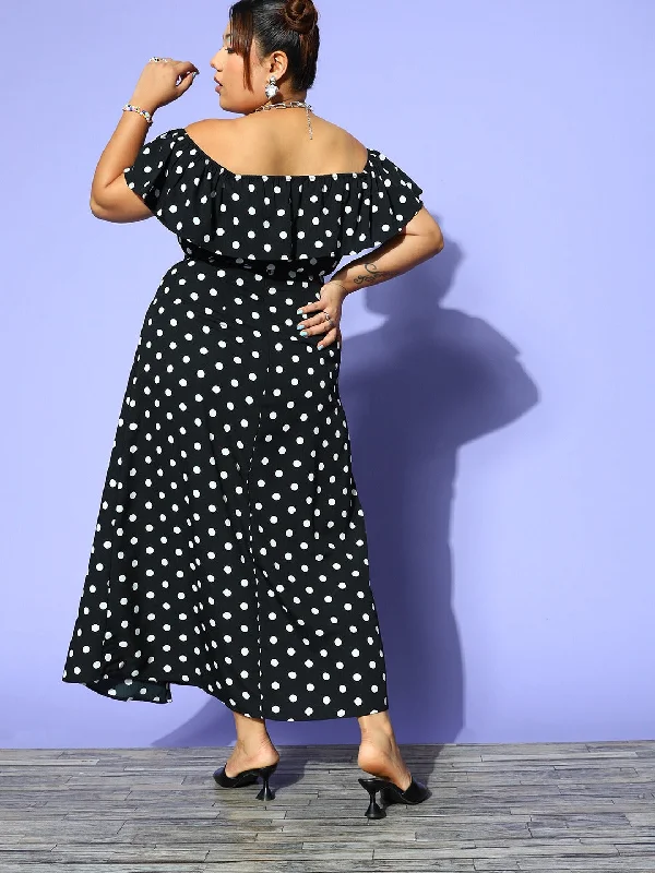 cur-dr432bk-berrylush-women-plus-size-black-white-polka-dot-printed-off-shoulder-neck-crop-top-thigh-high-slit-maxi-skirt-co-ord-set