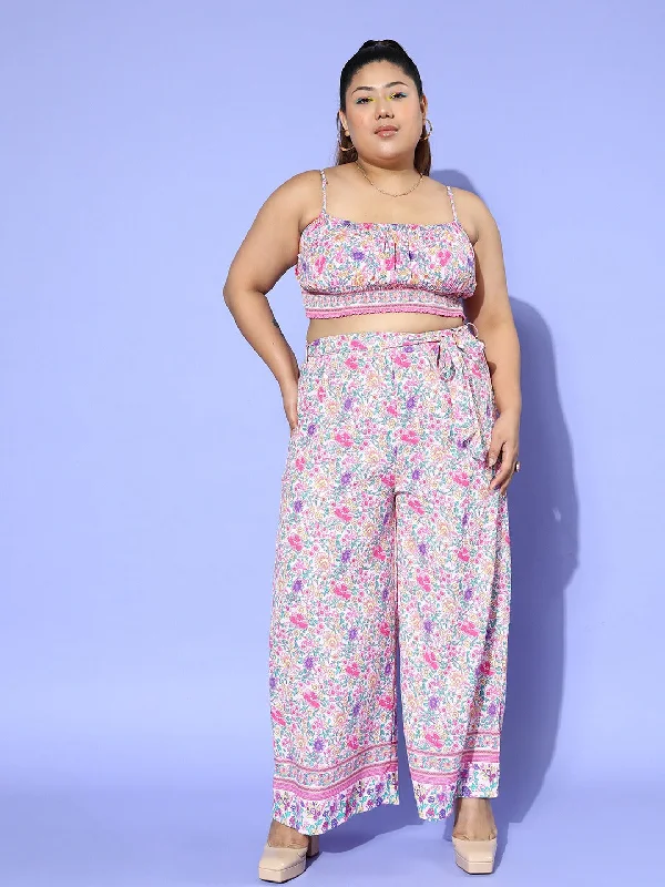 Berrylush Women Plus Size Pink & White Floral Printed Round Neck Waist Tie-Up Crop Top & Wide-Leg Trousers Set