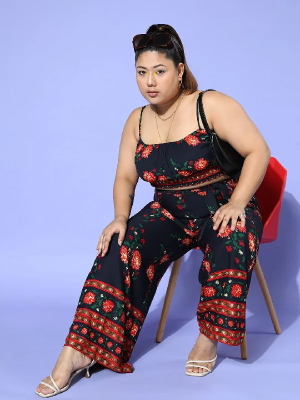 Berrylush Women Plus Size Navy Blue & Orange Floral Printed Square Neck Waist Tie-Up Crop Top & Wide-Leg Trousers Co-Ord Set