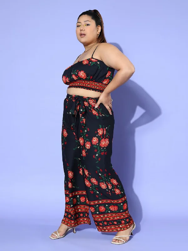 cur-jp2118nb-berrylush-women-plus-size-navy-blue-orange-floral-printed-round-neck-waist-tie-up-crop-top-wide-leg-trousers-co-ord-set