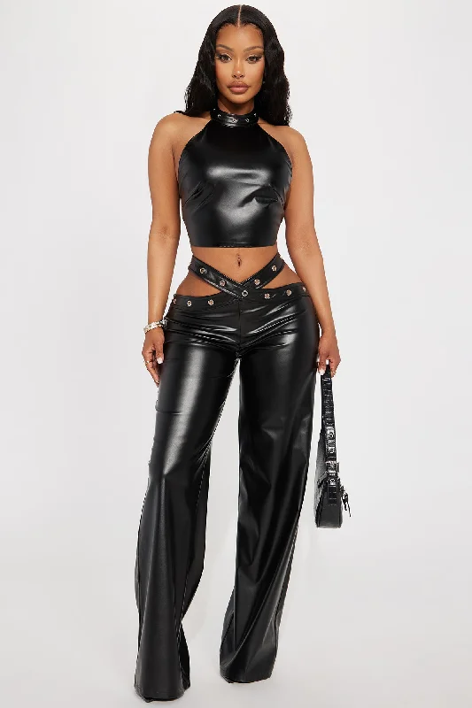 Danger Ahead Faux Leather Pant Set - Black