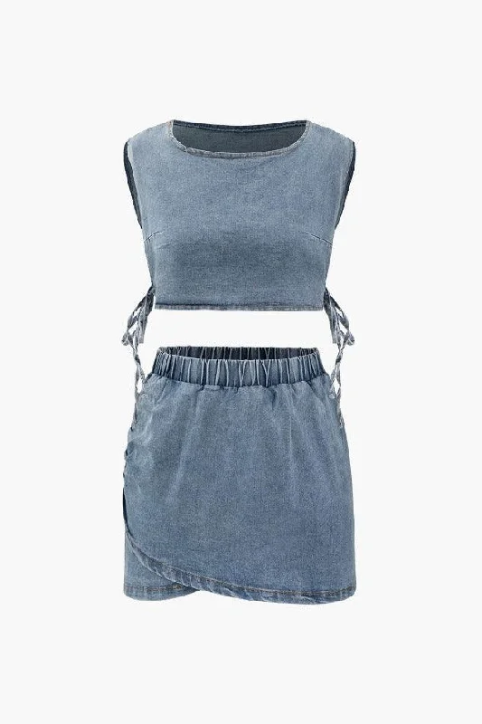 Denim Side Tie Tank Top And Wrap Mini Skirt Set