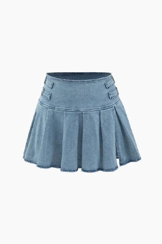 denim-strapless-top-and-pleated-mini-skirt-set