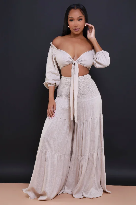 Love Letter Cropped Wide Leg Pants Set - Oatmeal