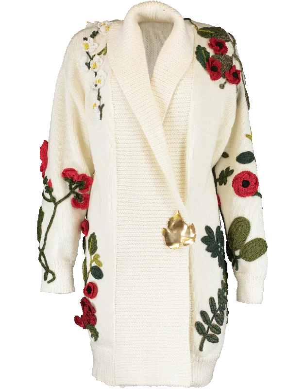 Floral Embroidered Knit Coat With Brooch