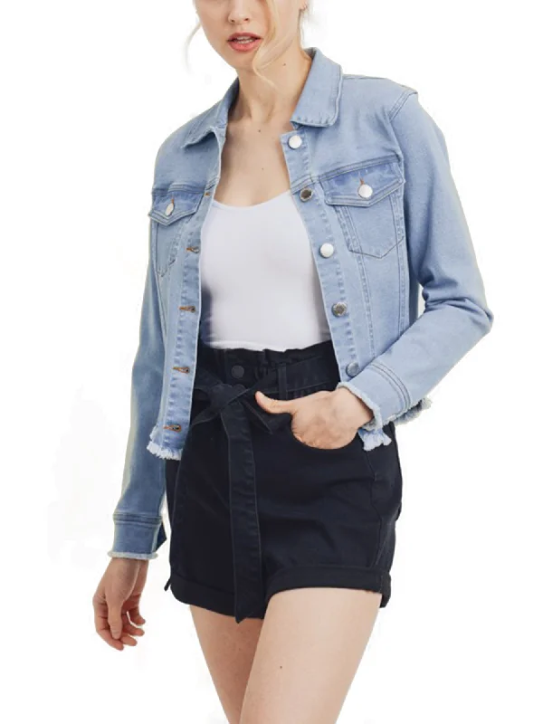 Frayed Hem Long Sleeve Button Up Color Jean Denim Jacket (FWJ1252)