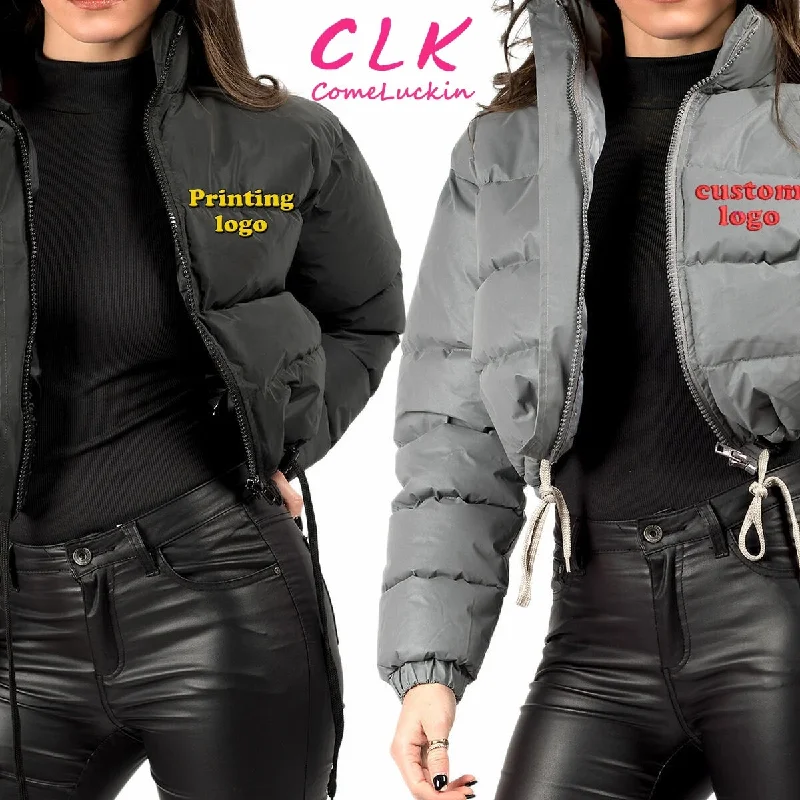 Custom Logo Thick Drawstring Parkas Zipper Women Short Puffer Jacket Cotton-padded 2023 Winter Soild Bubble Coat