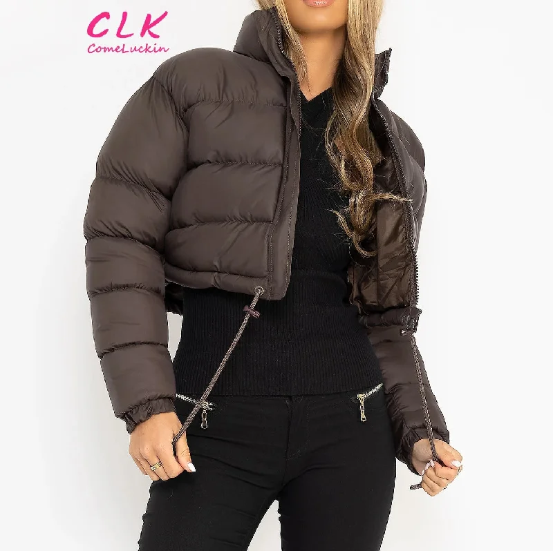 Custom Logo Thick Drawstring Parkas Zipper Women Short Puffer Jacket Cotton-padded 2023 Winter Soild Bubble Coat