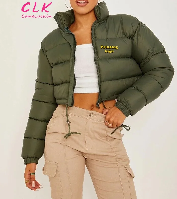 Custom Logo Thick Drawstring Parkas Zipper Women Short Puffer Jacket Cotton-padded 2023 Winter Soild Bubble Coat