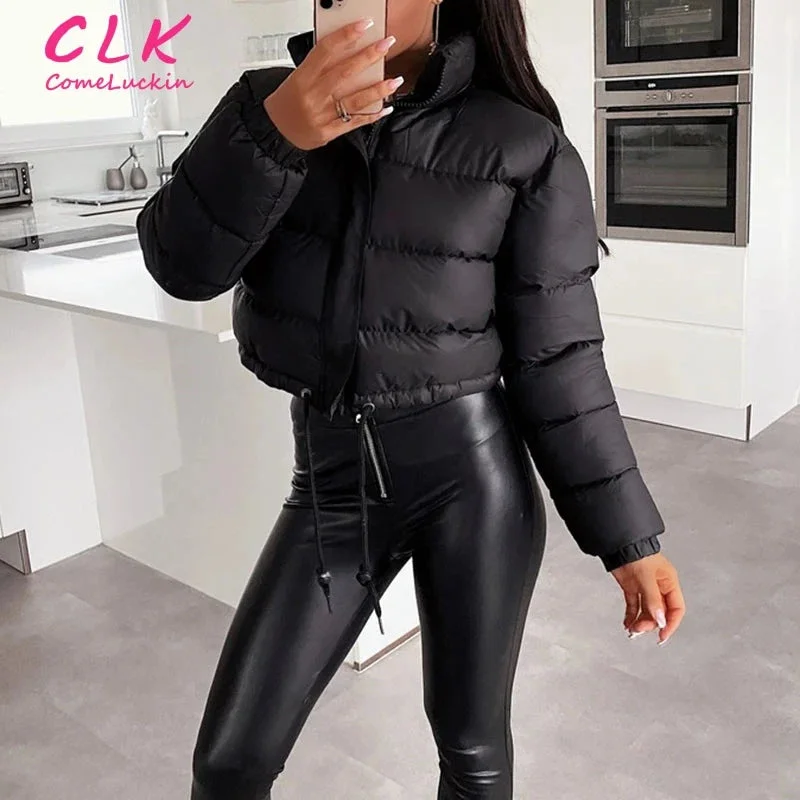 Custom Logo Thick Drawstring Parkas Zipper Women Short Puffer Jacket Cotton-padded 2023 Winter Soild Bubble Coat