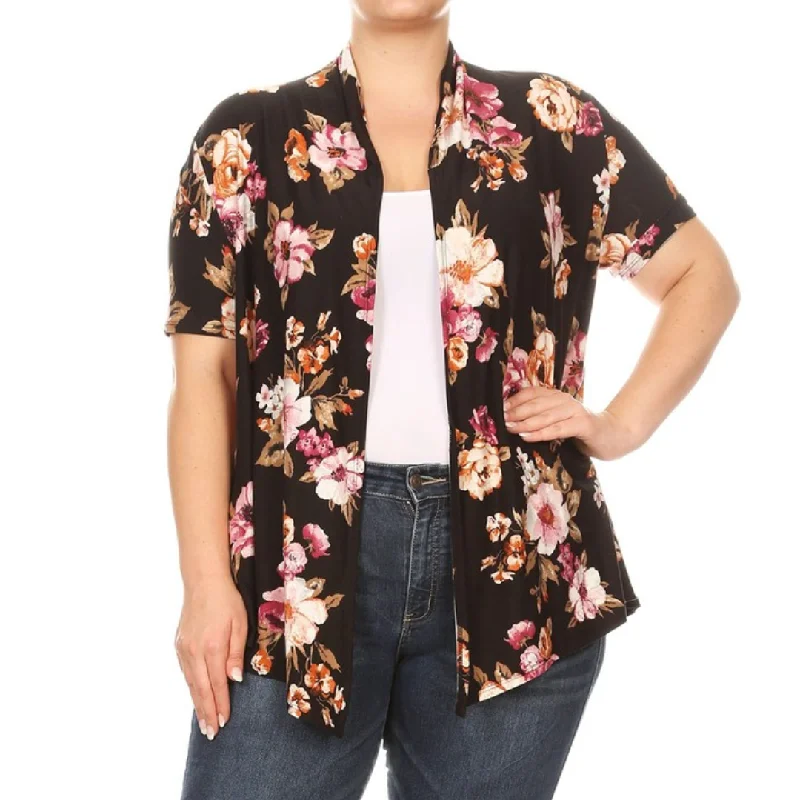 Floral Print Hip Length Plus Size Cardigan