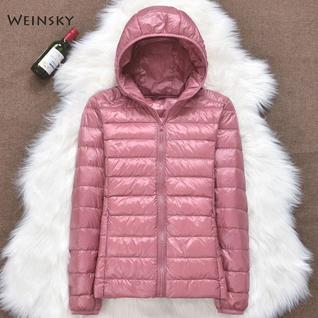 Inverno mulheres ultraleve fino para baixo jaqueta de pato branco para baixo casacos com capuz manga longa casaco quente parka feminino portátil outwear