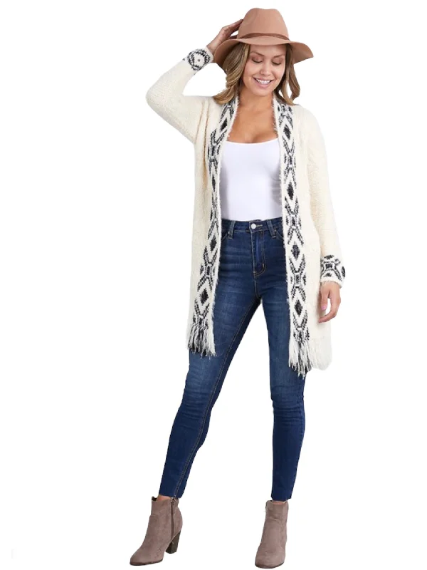 Ivory Fringe Tribal Detail Cardigan