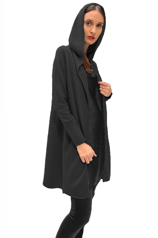 Long Cashmere Hooded Cardigan - Black