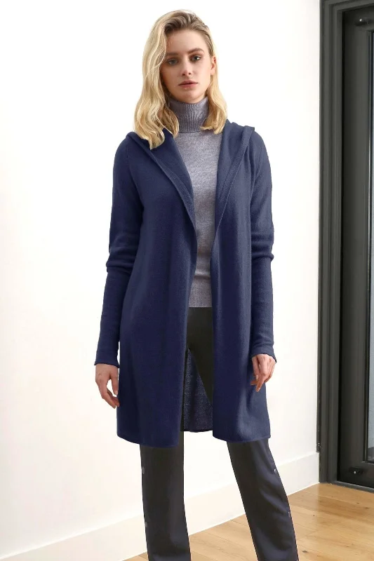 Long hooded cashmere cardigan, cashmere hoodie in navy