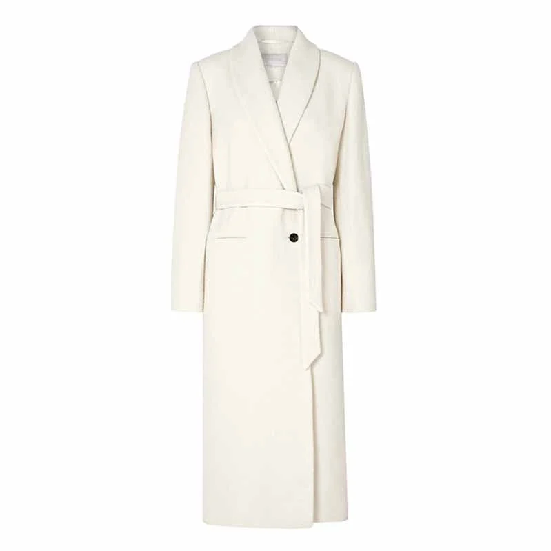 Women Long White Woolen Coat with A Belt and A Button Outwear