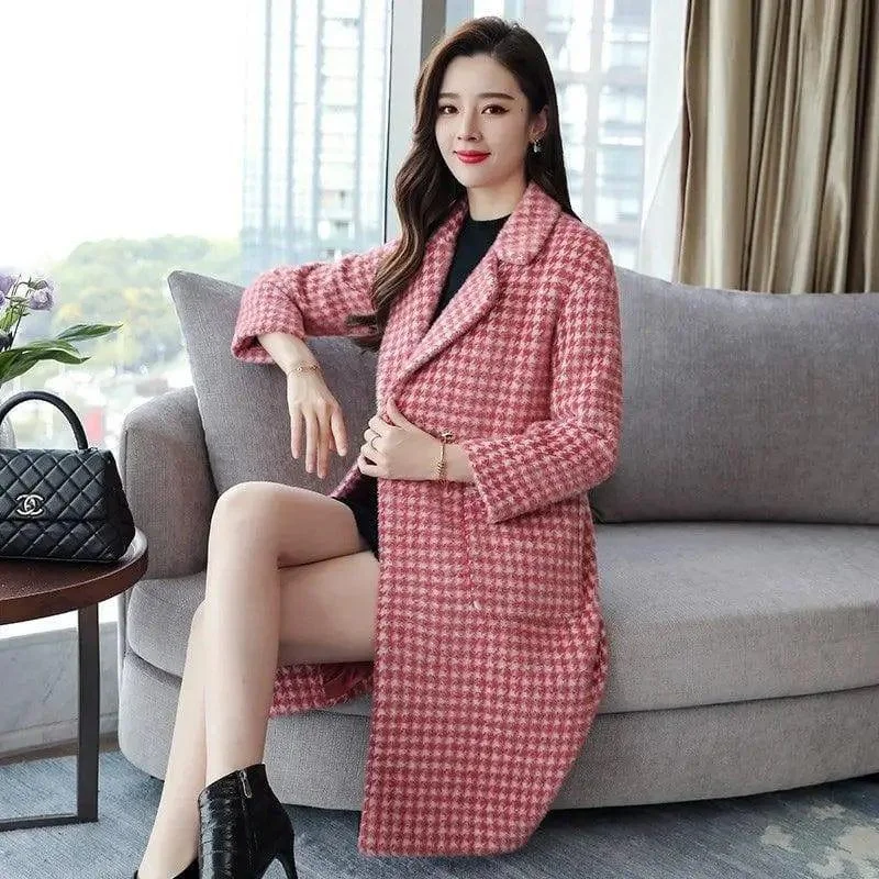 Winter mid-length plaid wool coat with POLO collar