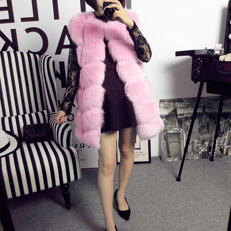 Women Winter Sleeveless Faux Fox Fur Leather Thick Coat Outerwear Vest Plus Size Padded Jacket Overcoat Parka Q1778