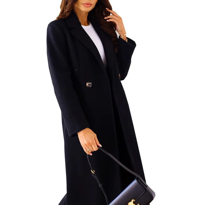 simple long-sleeved lapel double-breasted woolen coat for women