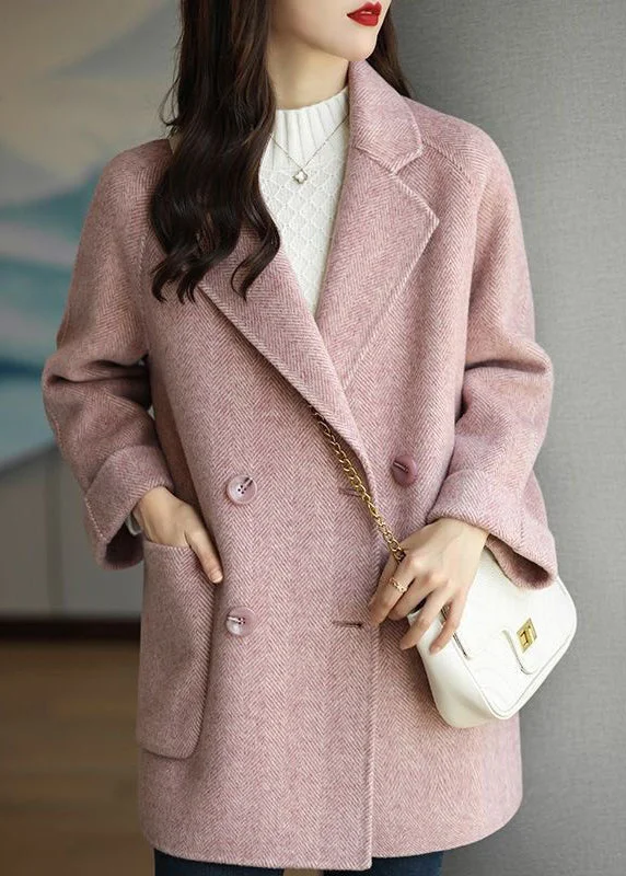 Art Pink Lapel Double Breast Thick Woolen Trench Fall