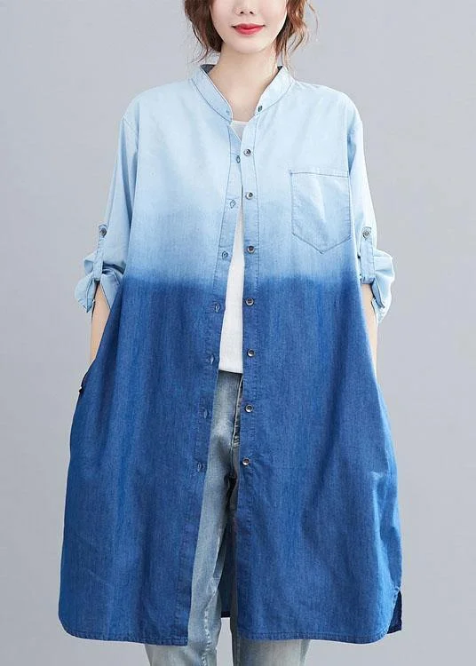 Boho Blue Pockets Button Gradient color Fall Denim Trench Long sleeve