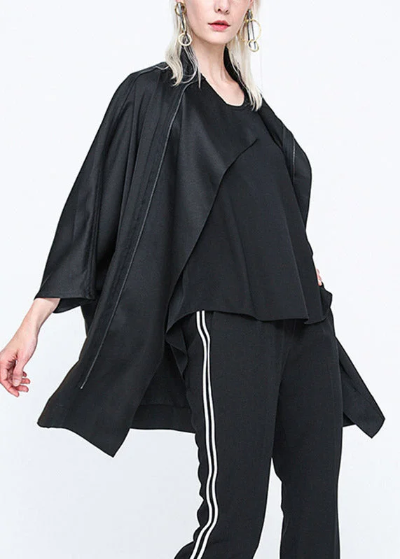 Casual Black Stand Collar Zippered Batwing Trench Coats Long Sleeve