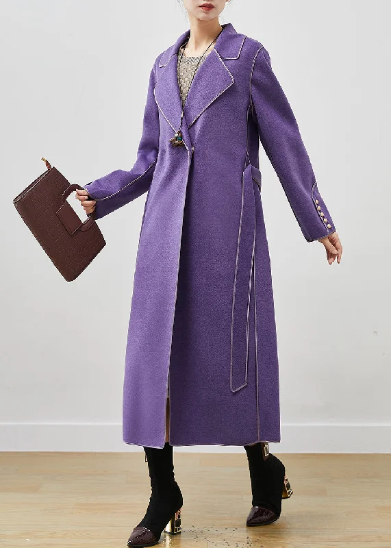 Casual Purple Peter Pan Collar Tie Waist Woolen Coats Fall