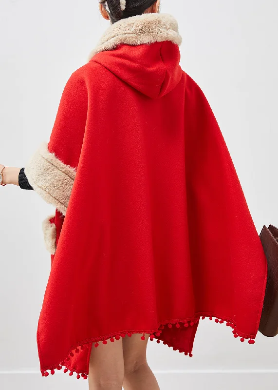 Casual Red Oversized Patchwork Fuzzy Ball Decorated Woolen Coats Winter