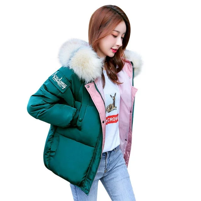 Chic Short Fur Coat Hooded Winter Down Coat Female Oversize Jacket Cotton Padded Wadded Parkas Wind Breaker Sleeves Big Pocket