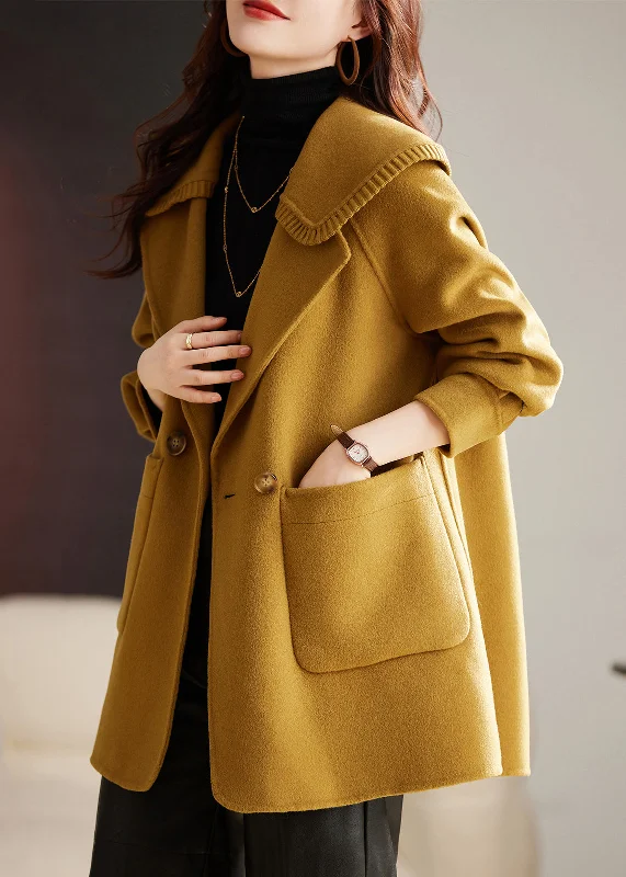 Classy Yellow Button Pockets Patchwork Wool Coat Long Sleeve