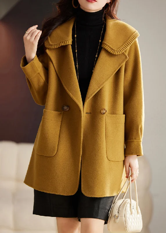 Classy Yellow Button Pockets Patchwork Wool Coat Long Sleeve