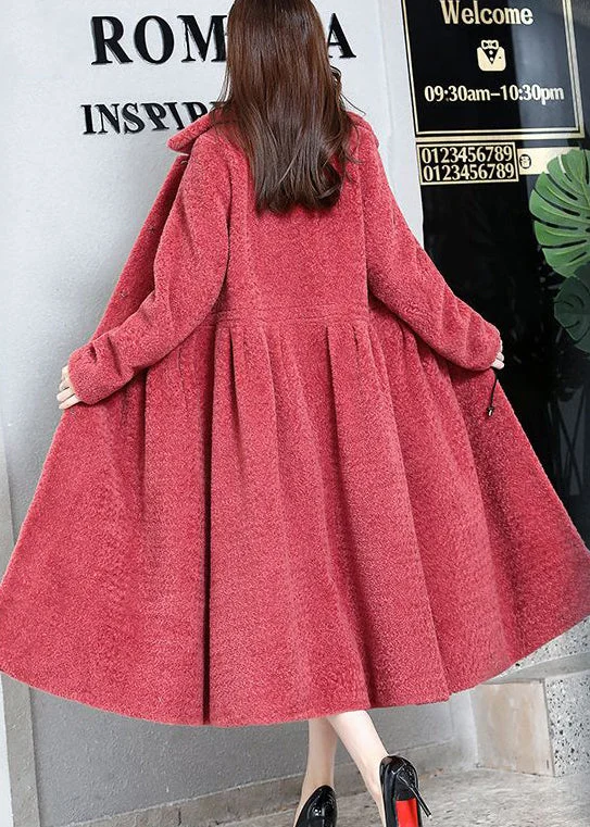 Elegant Watermelon Red Peter Pan Collar Thick Cashmere Trench Winter