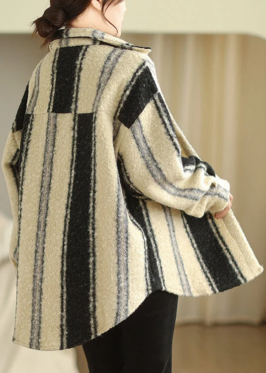 French Striped Peter Pan Collar Button Woolen Coat Long Sleeve