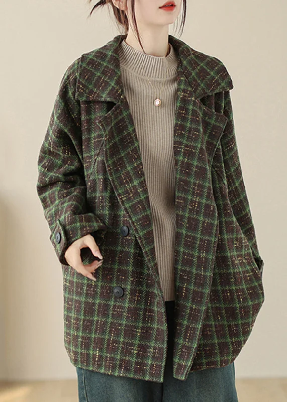 Green Pockets Plaid Woolen Coat Peter Pan Collar Double Breast Fall