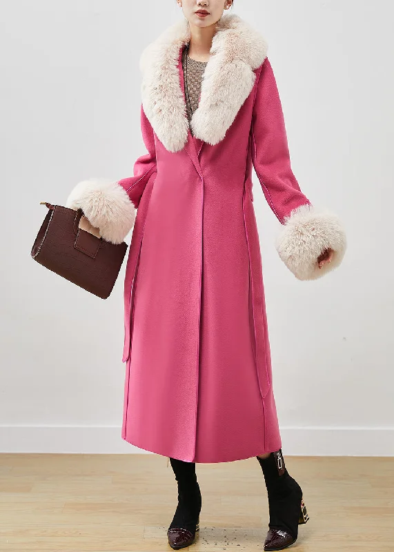 Pink Silm Fit Woolen Coat Outwear Fur Collar Tie Waist  Fall