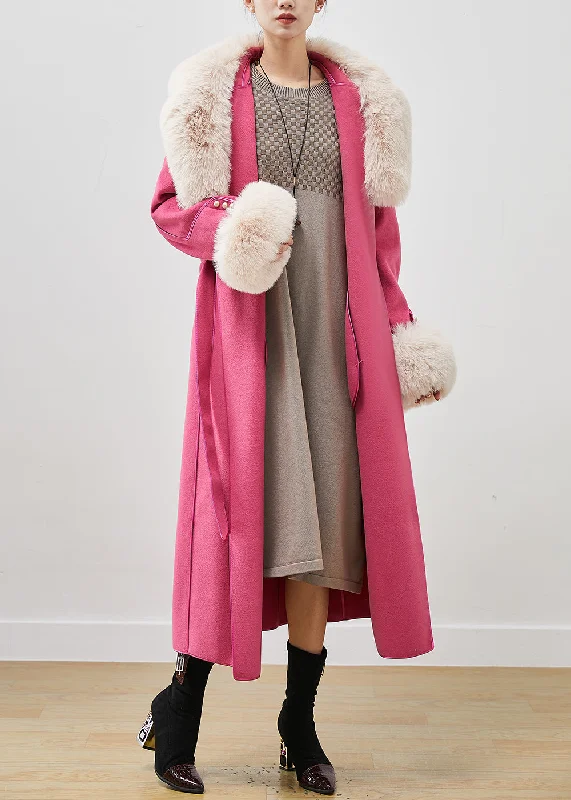 Pink Silm Fit Woolen Coat Outwear Fur Collar Tie Waist  Fall