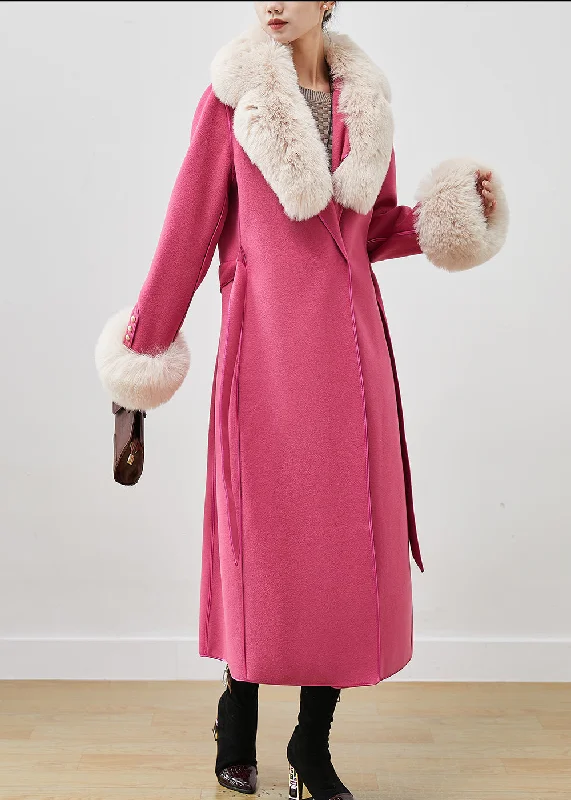 Pink Silm Fit Woolen Coat Outwear Fur Collar Tie Waist  Fall