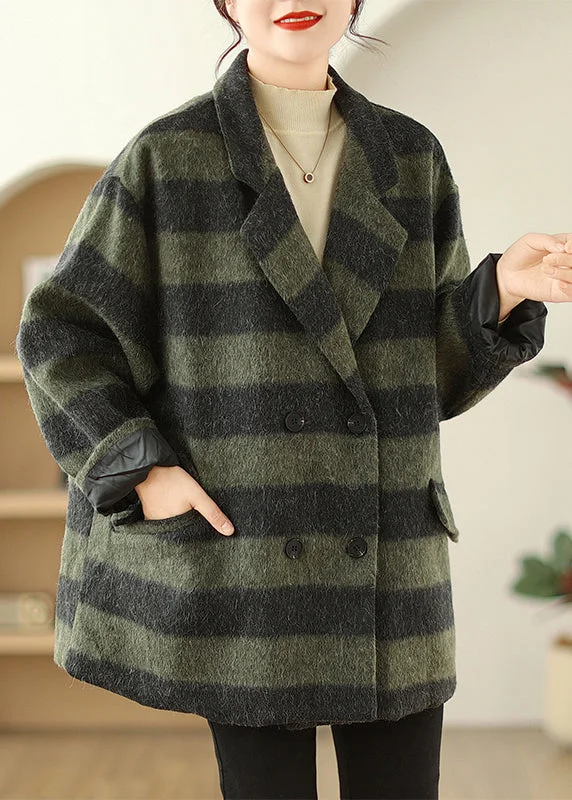 Plus Size Green Peter Pan Collar Plaid Fine Cotton Filled Woolen Coats Winter