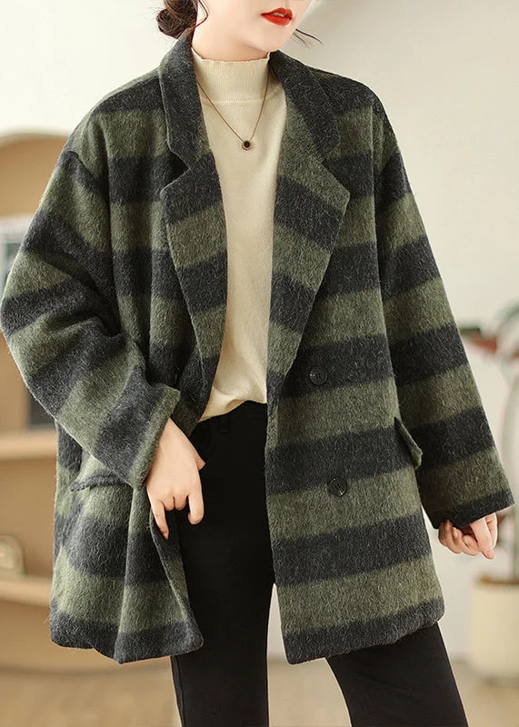 Plus Size Green Peter Pan Collar Plaid Fine Cotton Filled Woolen Coats Winter