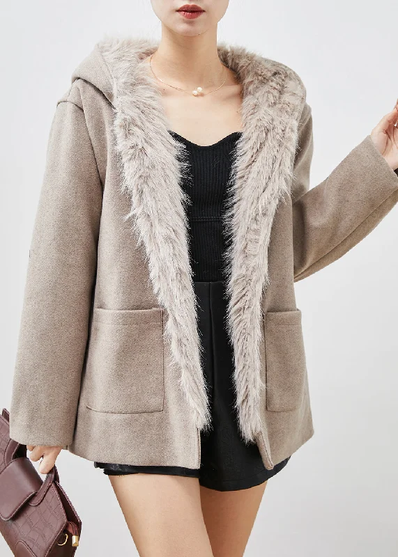 Simple Khaki Hooded Pockets Woolen Coat Fuzzy Fox Lined Winter