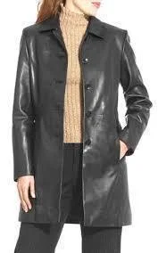 Super Trench Women Black Leather Coat