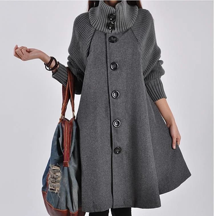 Women High Neck Loose Cloak Woolen Coat