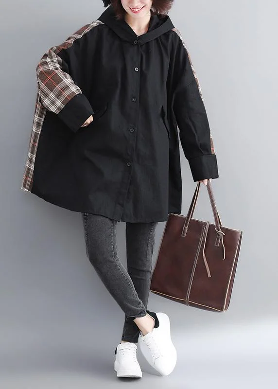 Women Hooded Patchwork Plus Size Trench Black Coats