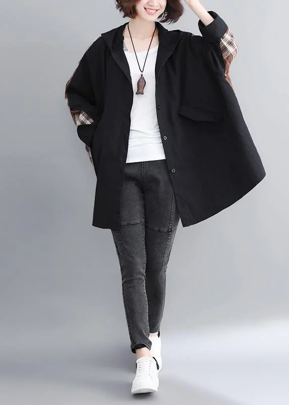 Women Hooded Patchwork Plus Size Trench Black Coats