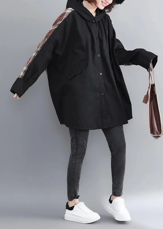 Women Hooded Patchwork Plus Size Trench Black Coats