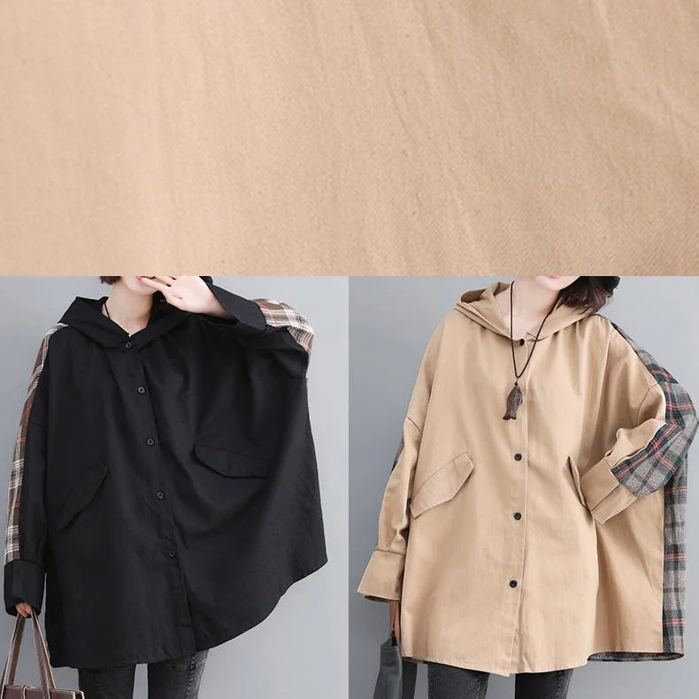 Women Hooded Patchwork Plus Size Trench Black Coats